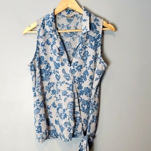 Loft Gray Blue Tie Hem Blouse Floral Small